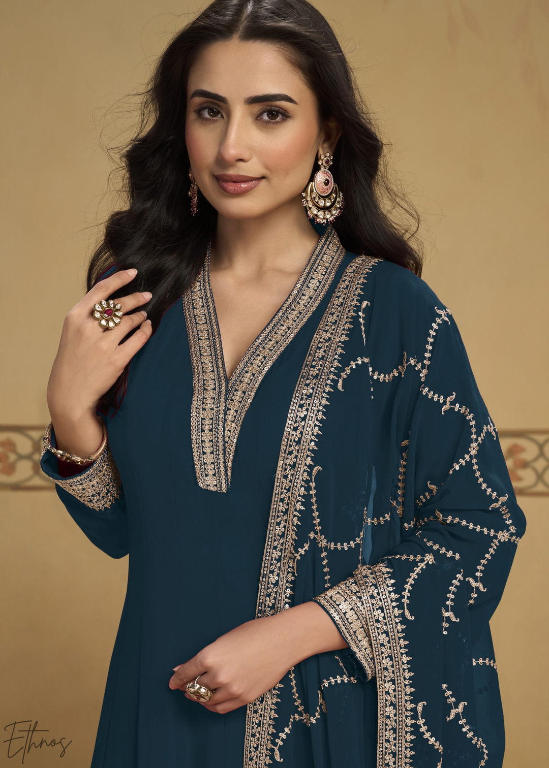 Peacock Blue Embroidered Georgette Anarkali Suit