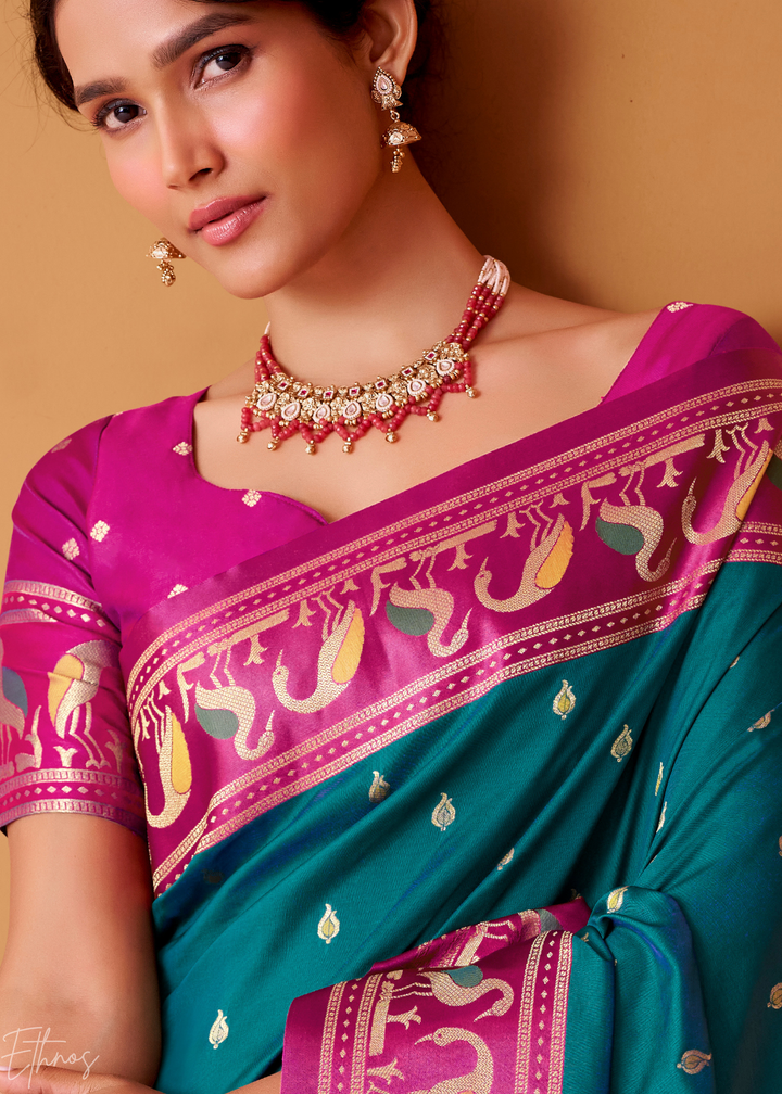 Peacock Blue Flamingo Satin Silk Saree