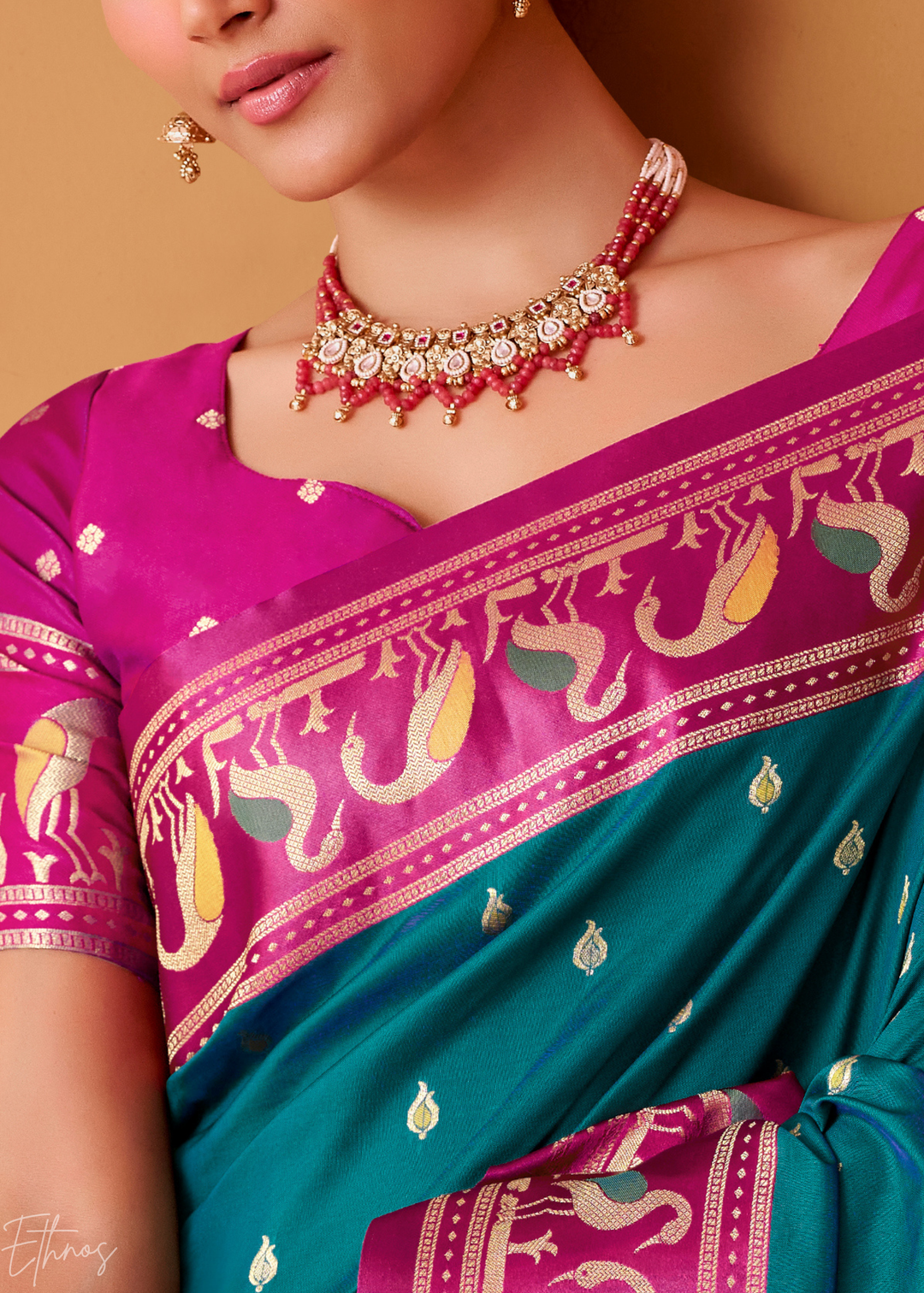 Peacock Blue Flamingo Satin Silk Saree