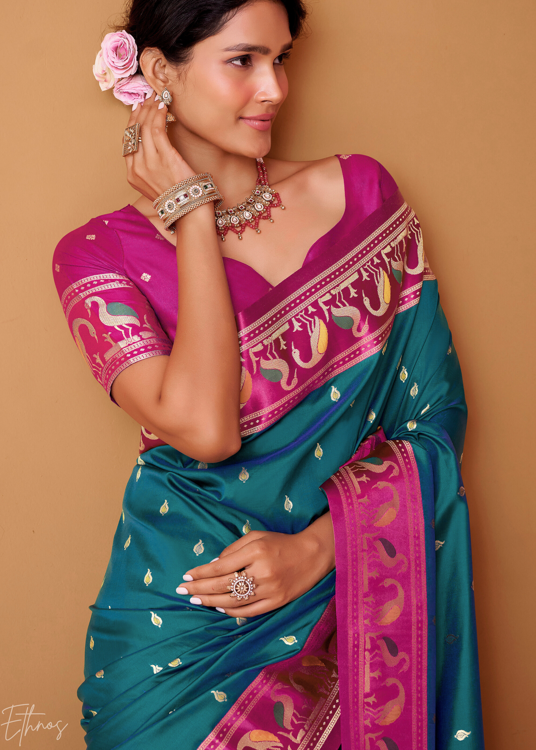 Peacock Blue Flamingo Satin Silk Saree