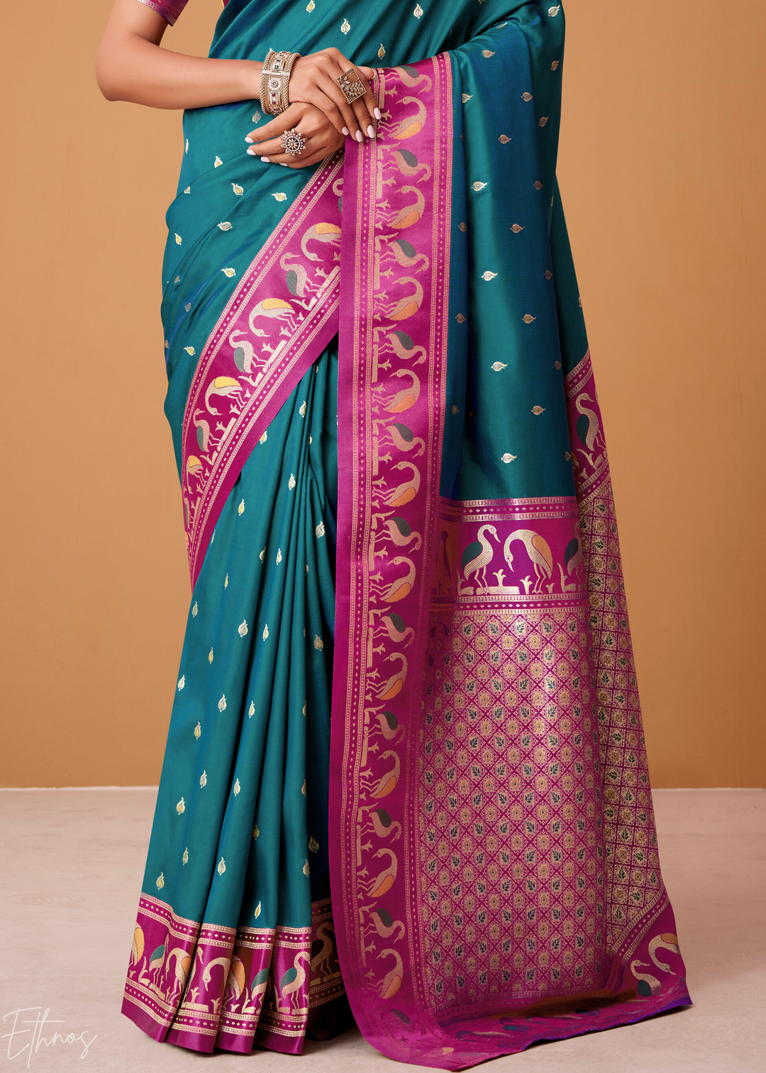 Peacock Blue Flamingo Satin Silk Saree