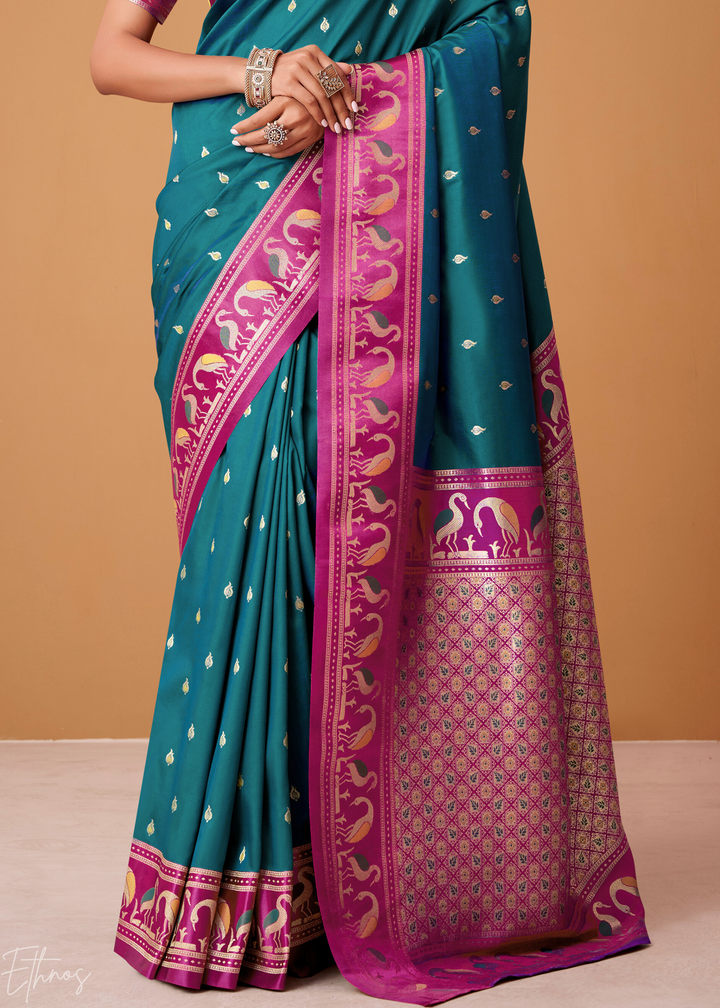 Peacock Blue Flamingo Satin Silk Saree