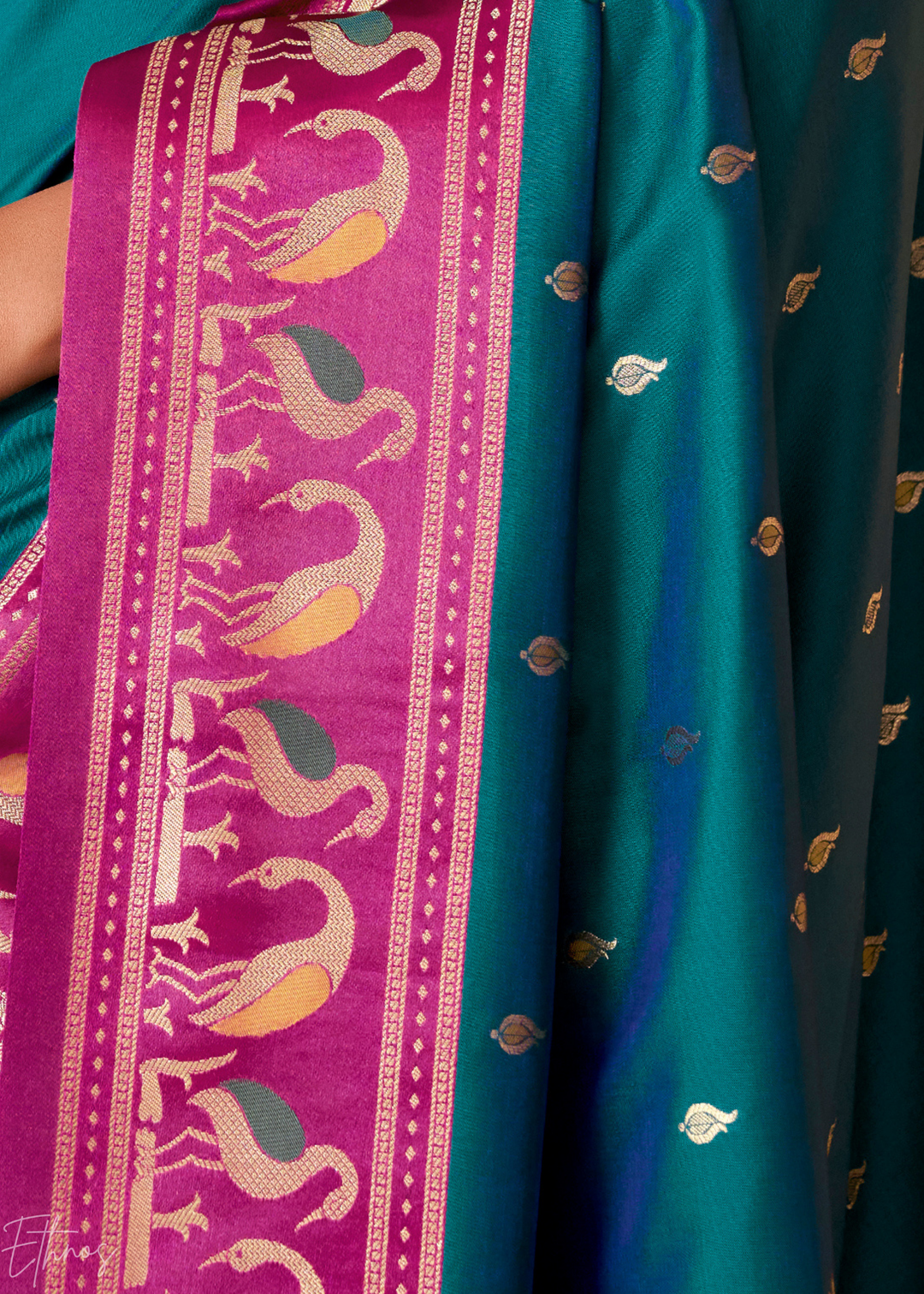 Peacock Blue Flamingo Satin Silk Saree