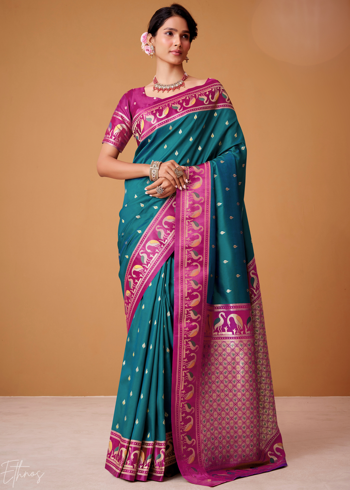 Peacock Blue Flamingo Satin Silk Saree