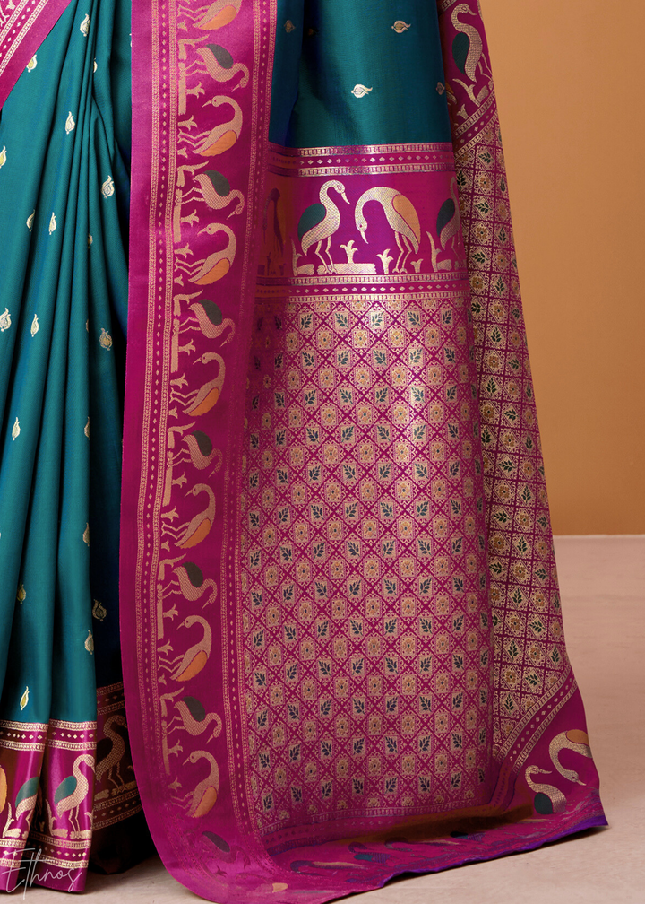 Peacock Blue Flamingo Satin Silk Saree