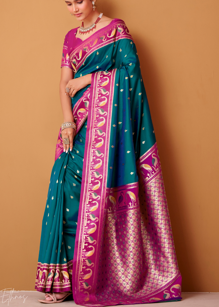 Peacock Blue Flamingo Satin Silk Saree