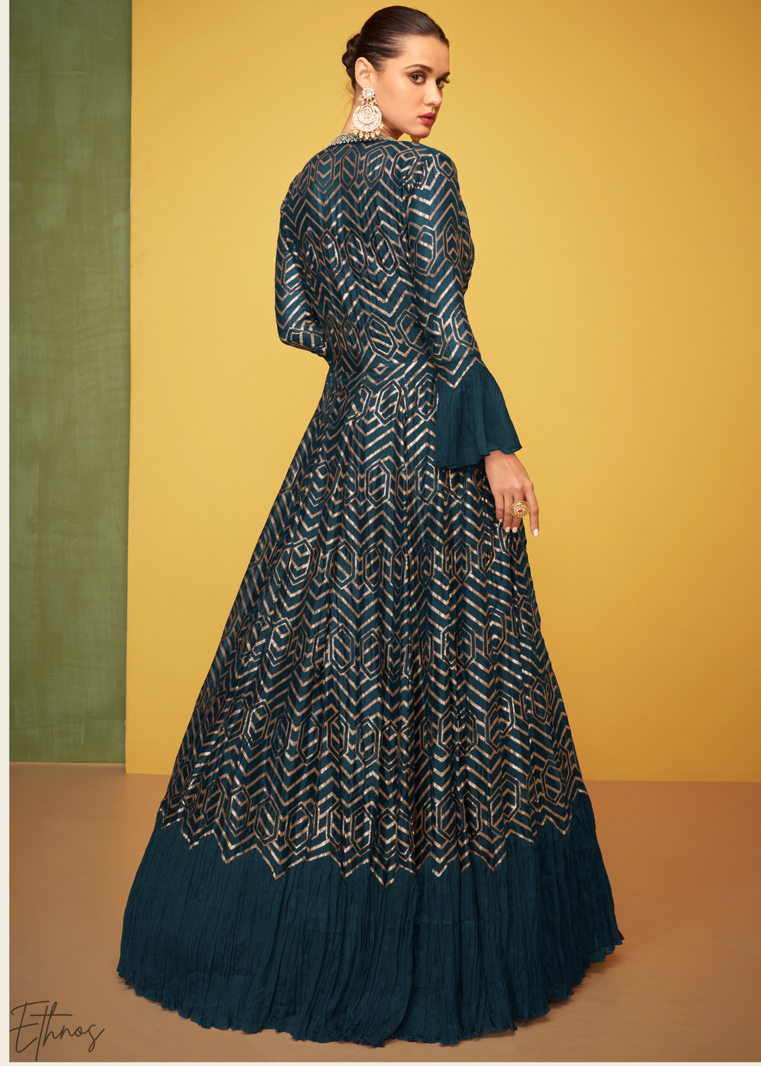 Peacock Blue Gilded Silk Jacket Gown Set