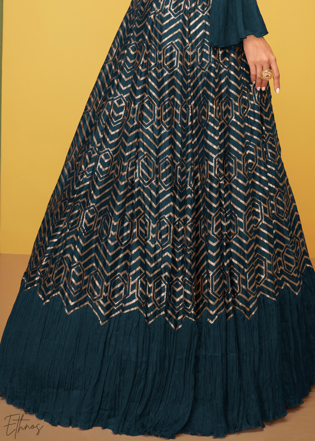 Peacock Blue Gilded Silk Jacket Gown Set