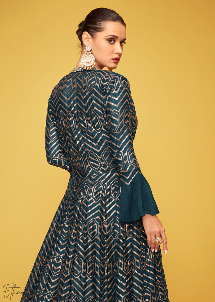Peacock Blue Gilded Silk Jacket Gown Set