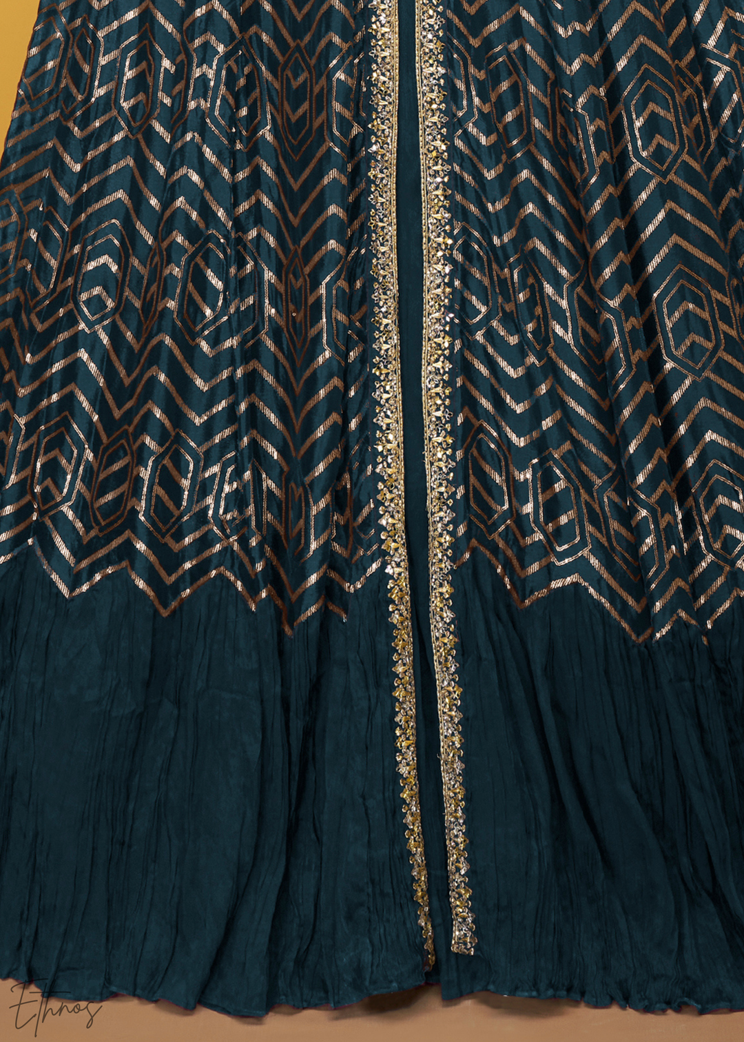 Peacock Blue Gilded Silk Jacket Gown Set