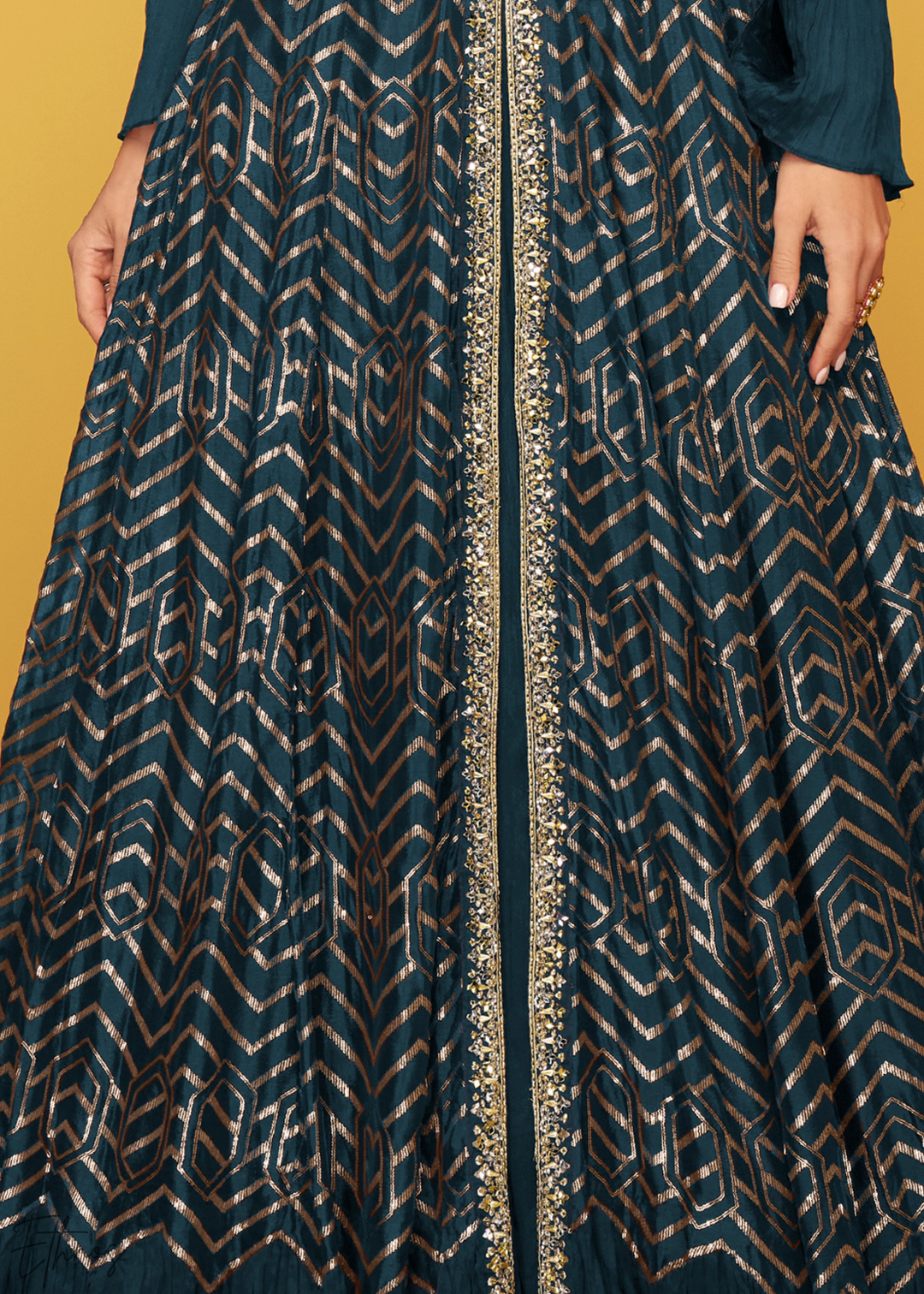 Peacock Blue Gilded Silk Jacket Gown Set