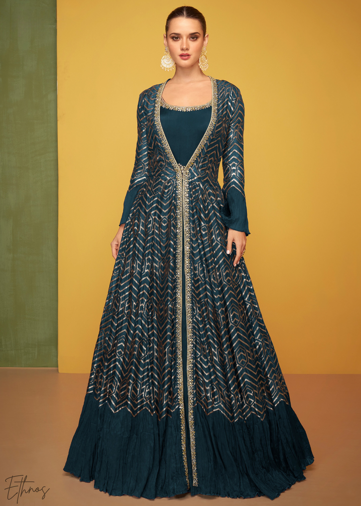 Peacock Blue Gilded Silk Jacket Gown Set