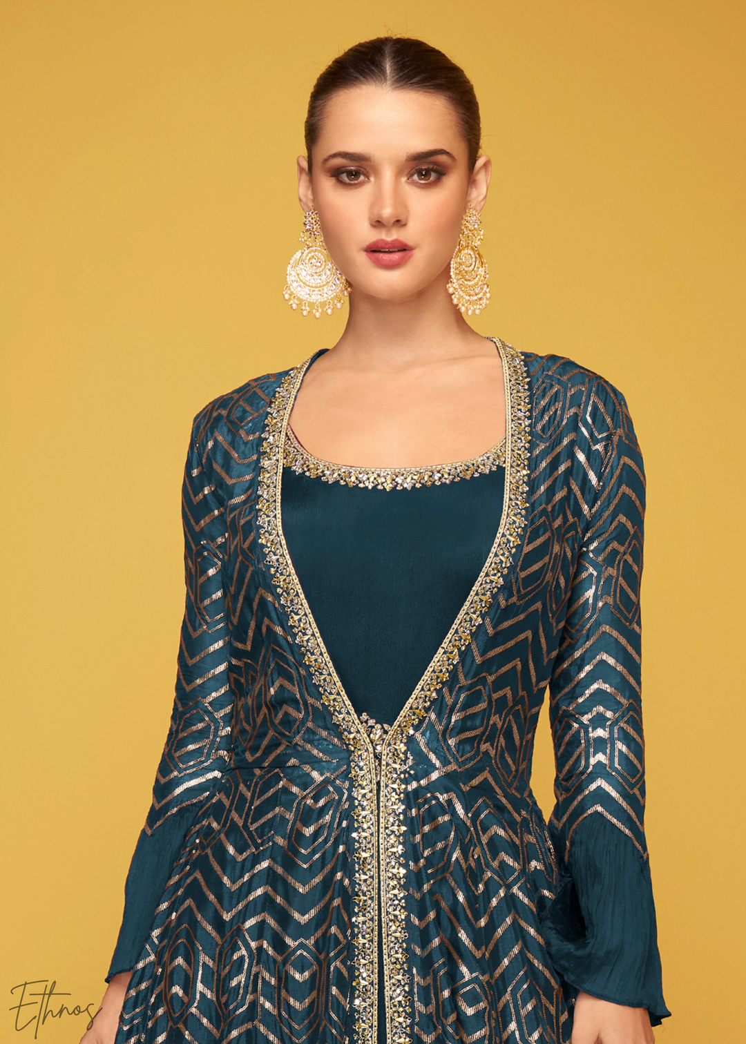 Peacock Blue Gilded Silk Jacket Gown Set