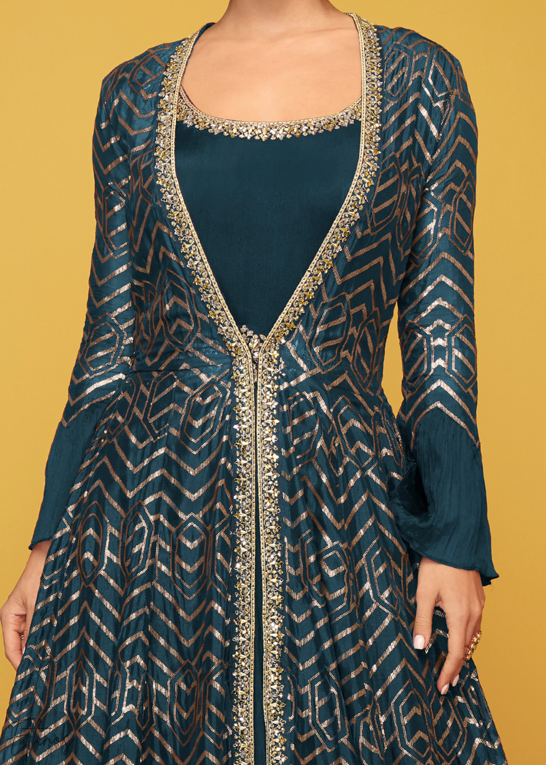 Peacock Blue Gilded Silk Jacket Gown Set