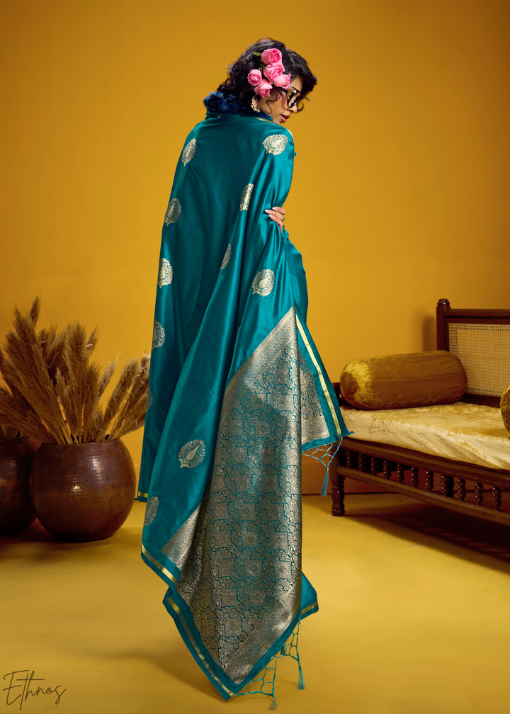 Peacock Teal Gold-Infused Jacquard Satin Silk Saree
