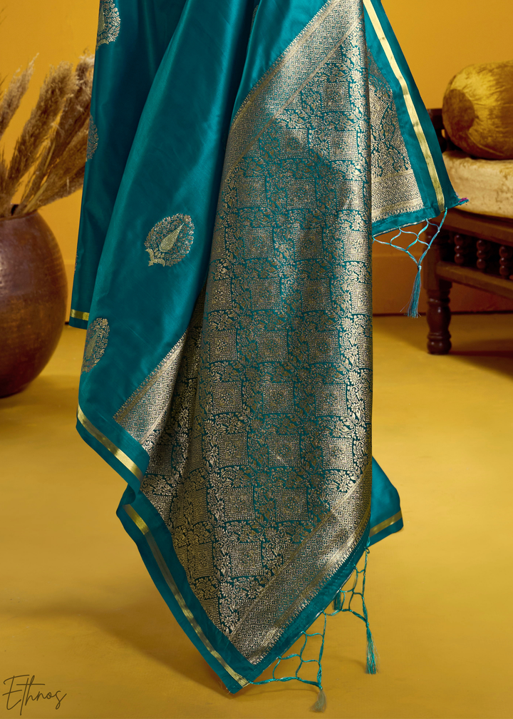 Peacock Teal Gold-Infused Jacquard Satin Silk Saree