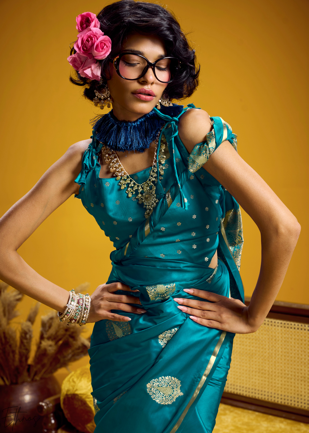 Peacock Teal Gold-Infused Jacquard Satin Silk Saree