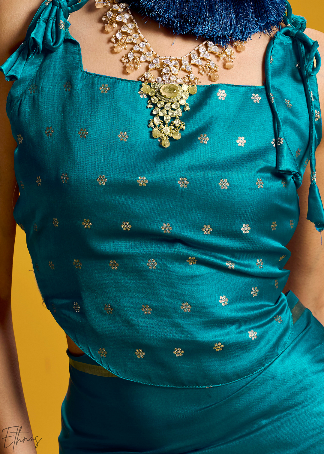 Peacock Teal Gold-Infused Jacquard Satin Silk Saree