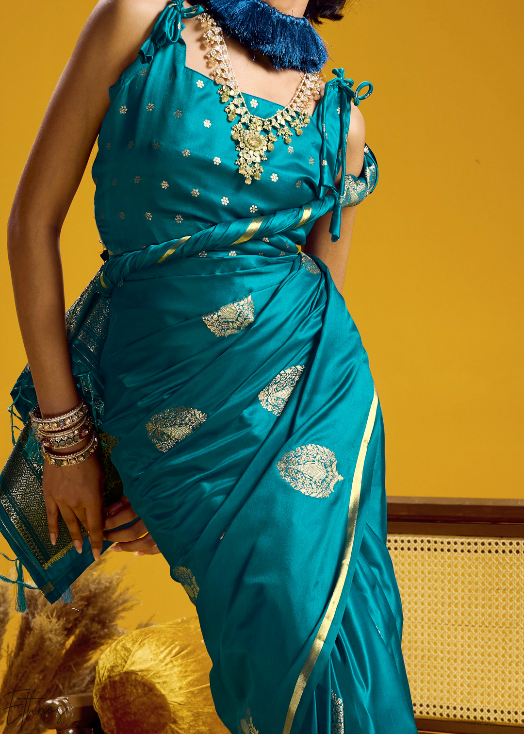 Peacock Teal Gold-Infused Jacquard Satin Silk Saree
