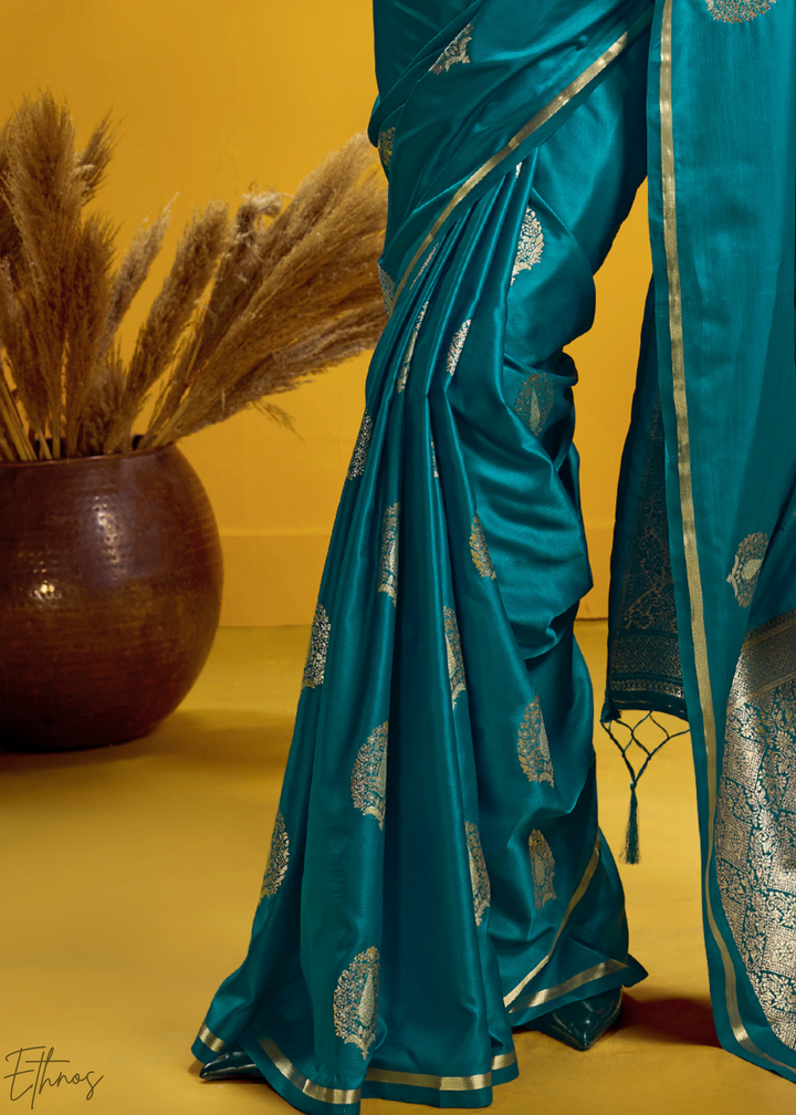 Peacock Teal Gold-Infused Jacquard Satin Silk Saree