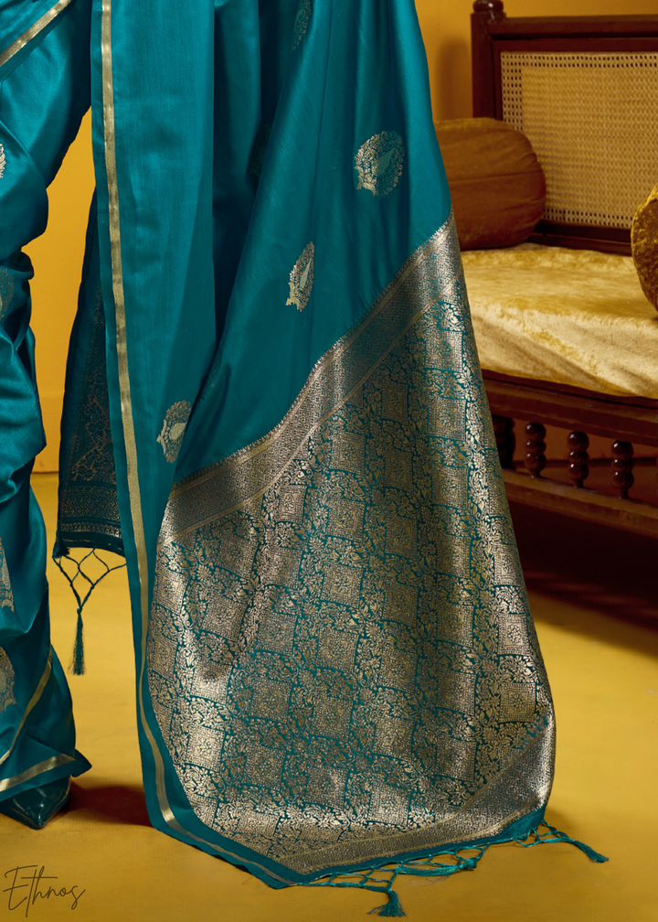 Peacock Teal Gold-Infused Jacquard Satin Silk Saree