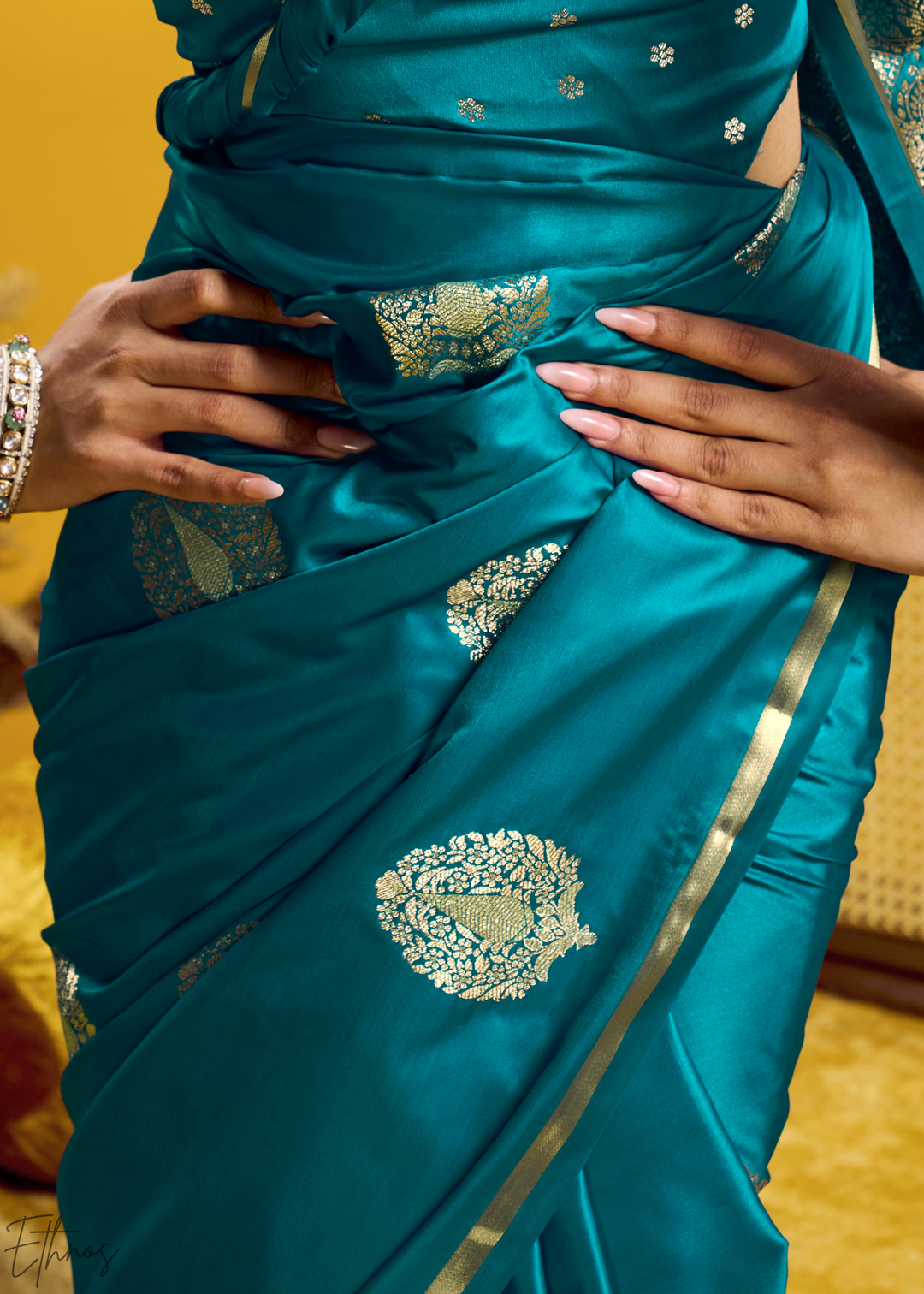 Peacock Teal Gold-Infused Jacquard Satin Silk Saree