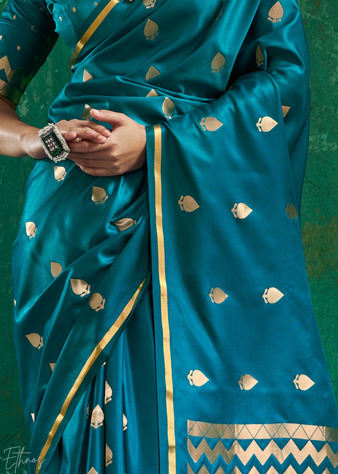Peacock Teal Leheriya Chevron Satin Saree