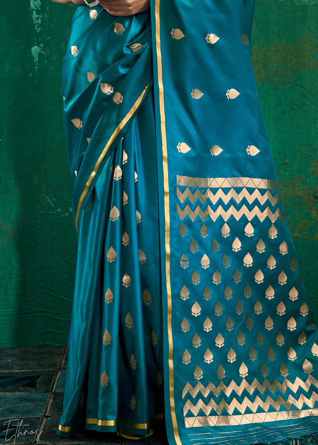 Peacock Teal Leheriya Chevron Satin Saree