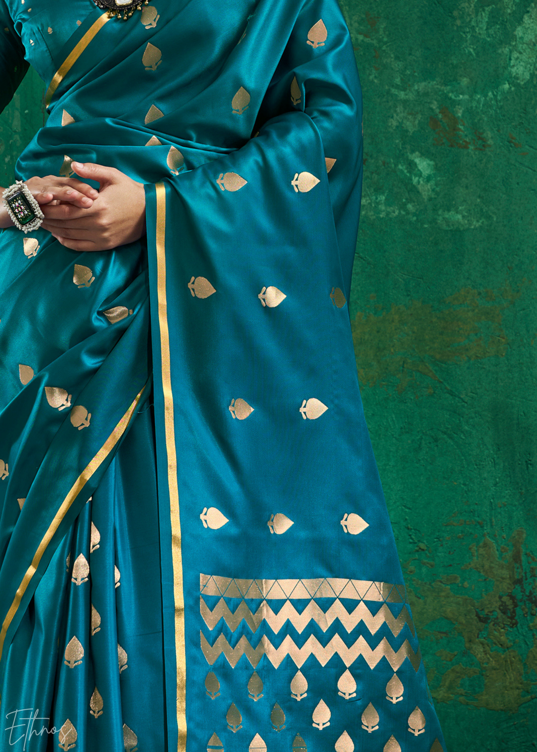 Peacock Teal Leheriya Chevron Satin Saree