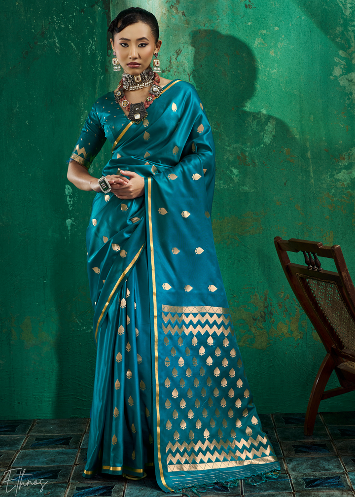 Peacock Teal Leheriya Chevron Satin Saree