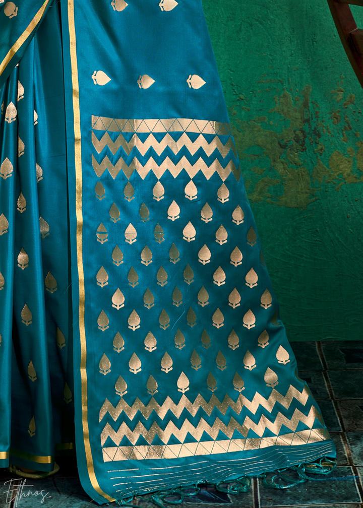 Peacock Teal Leheriya Chevron Satin Saree