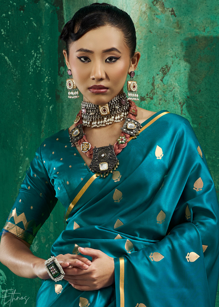 Peacock Teal Leheriya Chevron Satin Saree