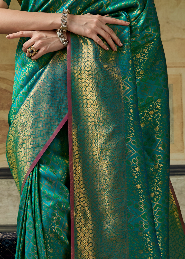 Peacock Teal Traditional Brocade Handloom Silk Saree