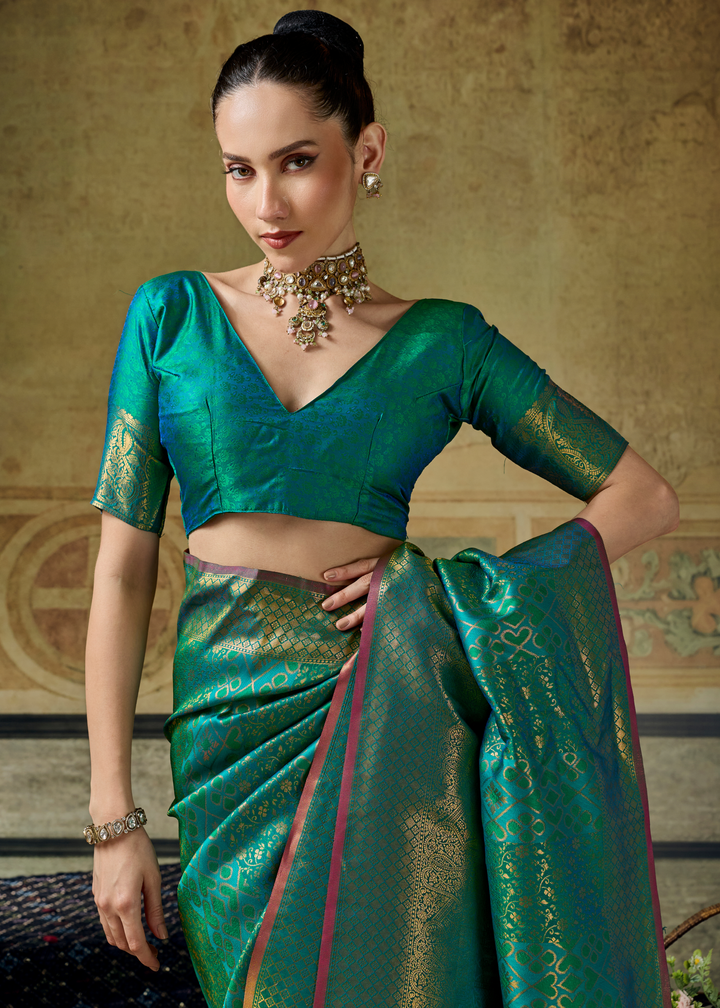 Peacock Teal Traditional Brocade Handloom Silk Saree