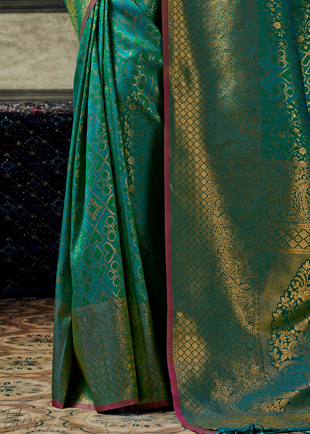 Peacock Teal Traditional Brocade Handloom Silk Saree
