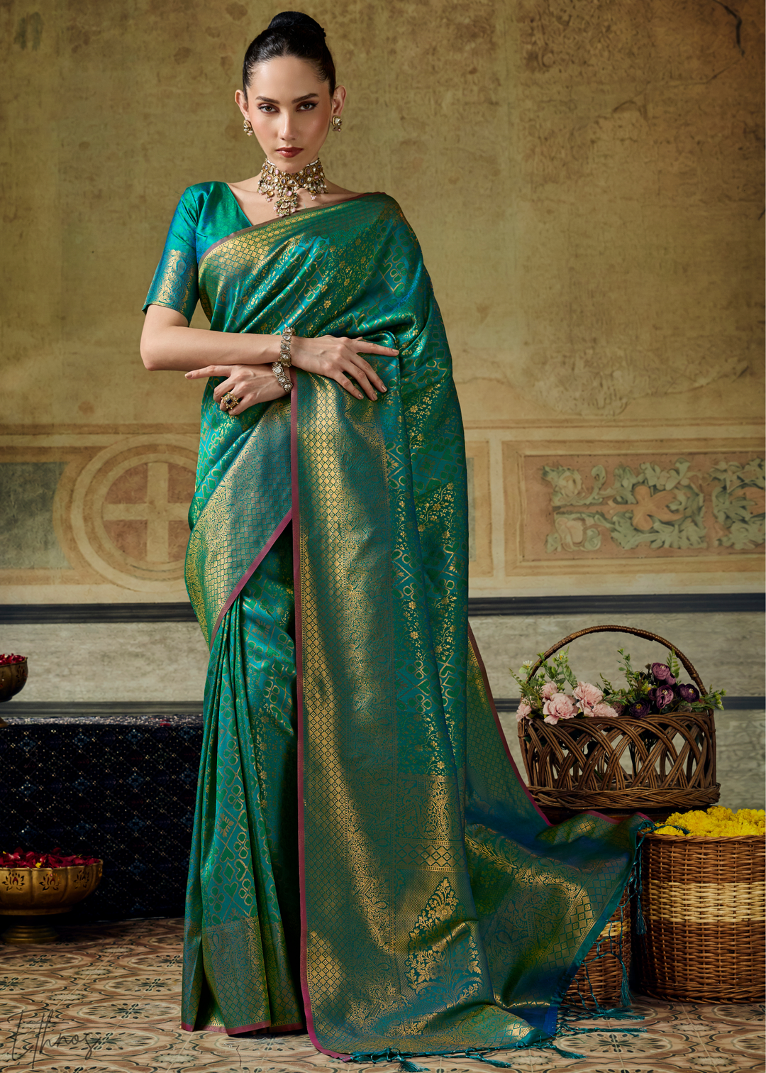 Peacock Teal Traditional Brocade Handloom Silk Saree