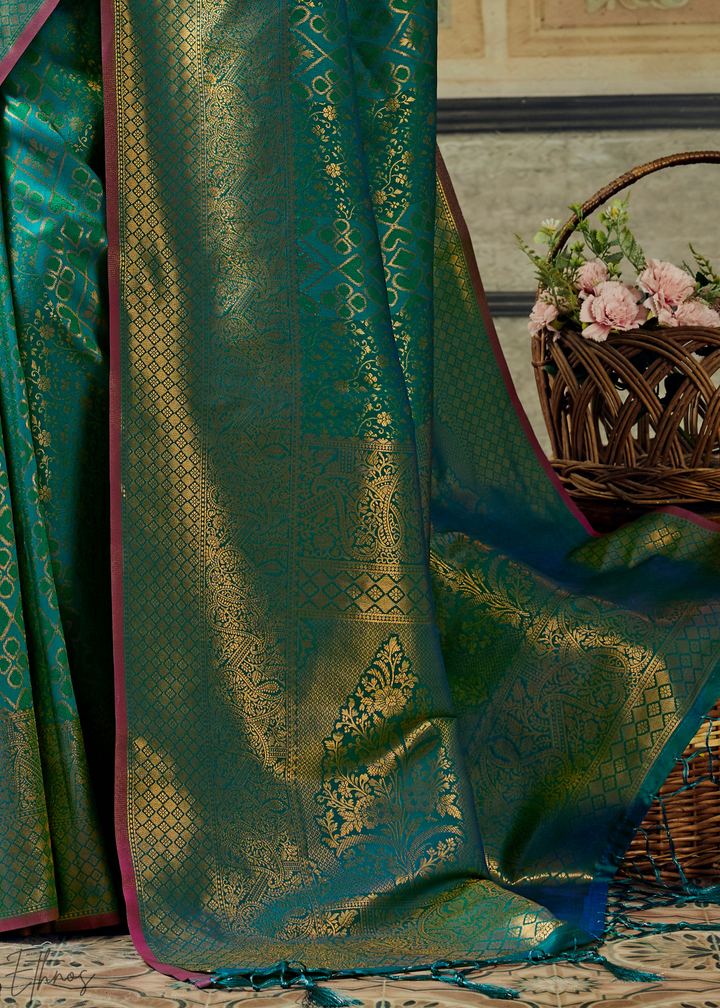 Peacock Teal Traditional Brocade Handloom Silk Saree