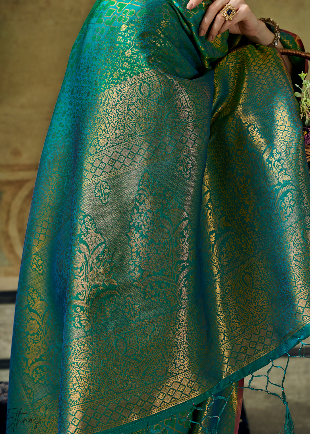Peacock Teal Traditional Brocade Handloom Silk Saree