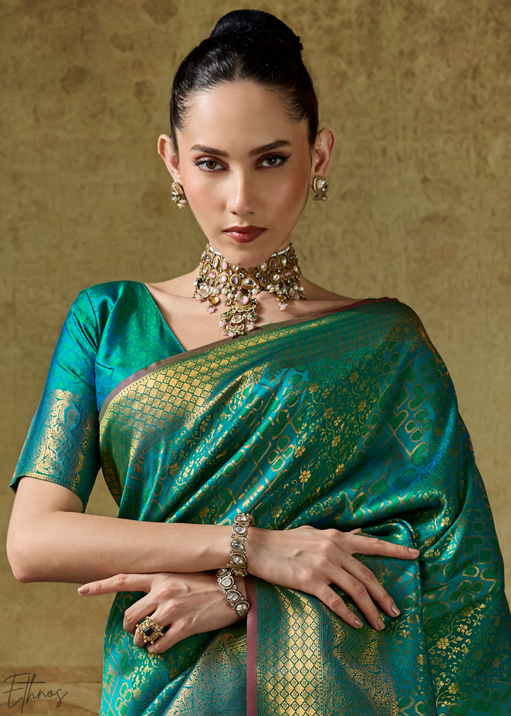 Peacock Teal Traditional Brocade Handloom Silk Saree