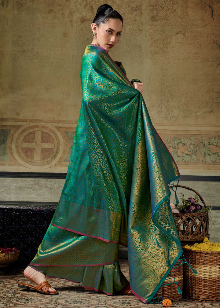 Peacock Teal Traditional Brocade Handloom Silk Saree
