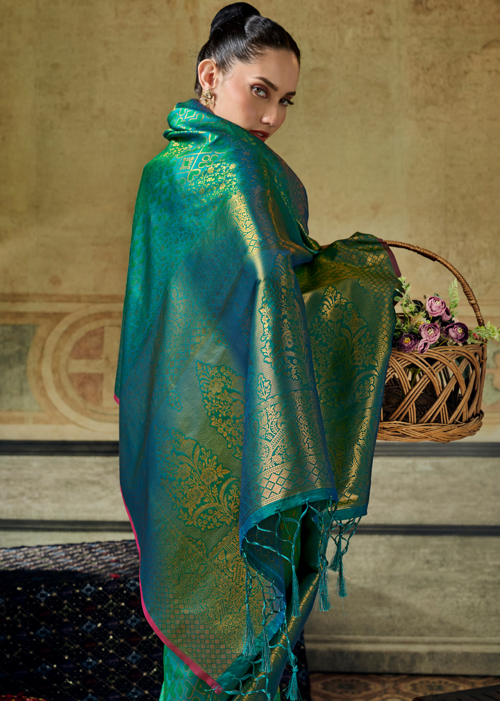 Peacock Teal Traditional Brocade Handloom Silk Saree