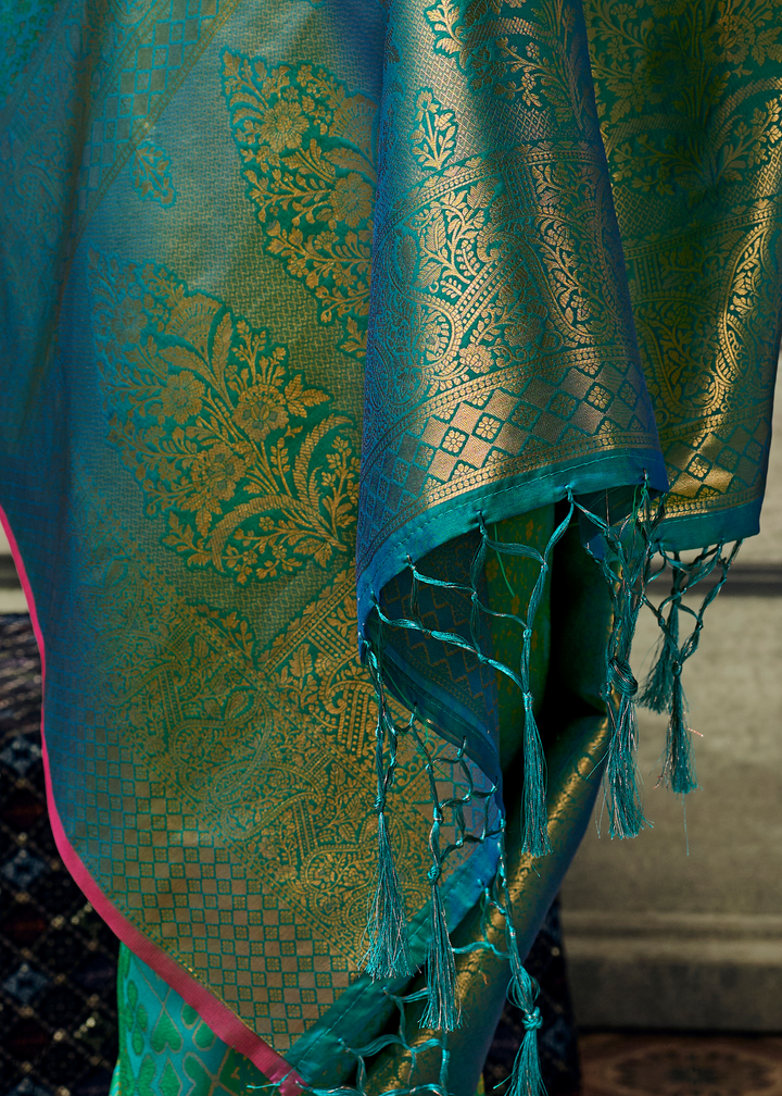 Peacock Teal Traditional Brocade Handloom Silk Saree