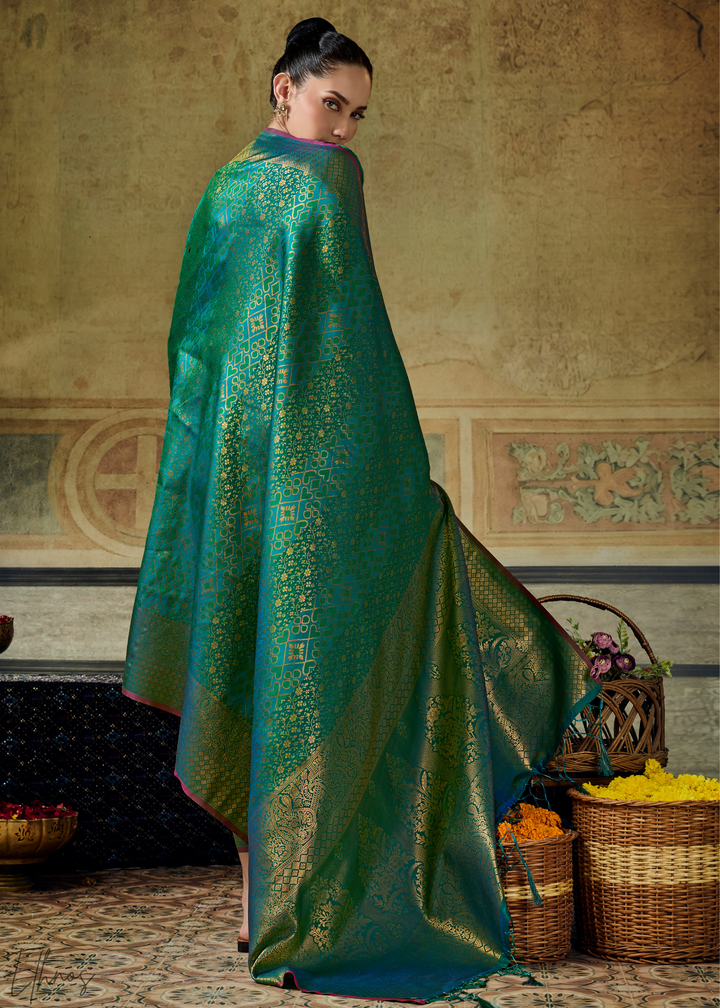 Peacock Teal Traditional Brocade Handloom Silk Saree
