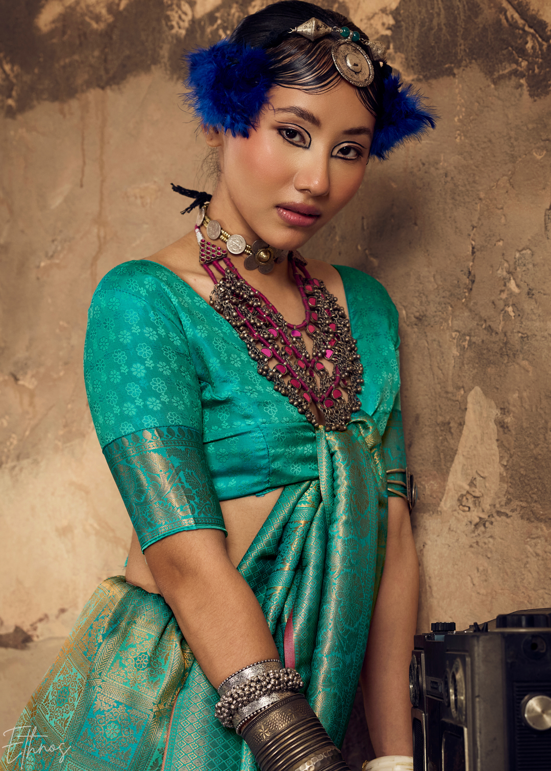 Peacock Teal Traditional Brocade Silk Saree