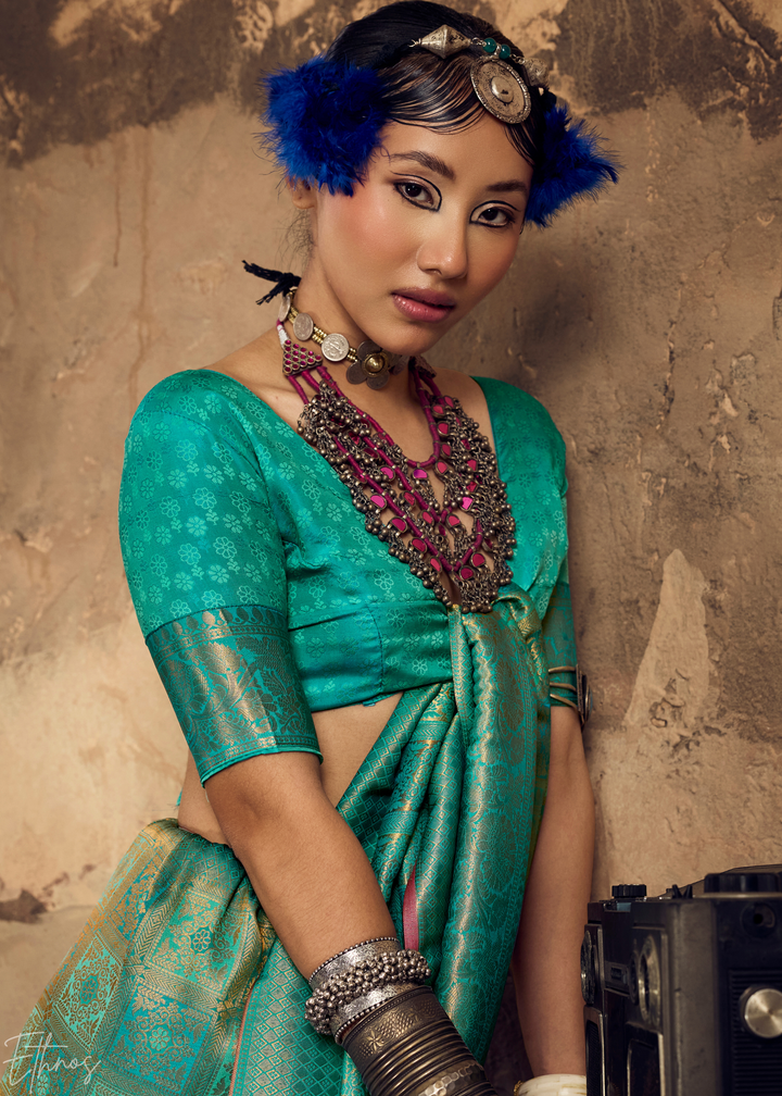 Peacock Teal Traditional Brocade Silk Saree