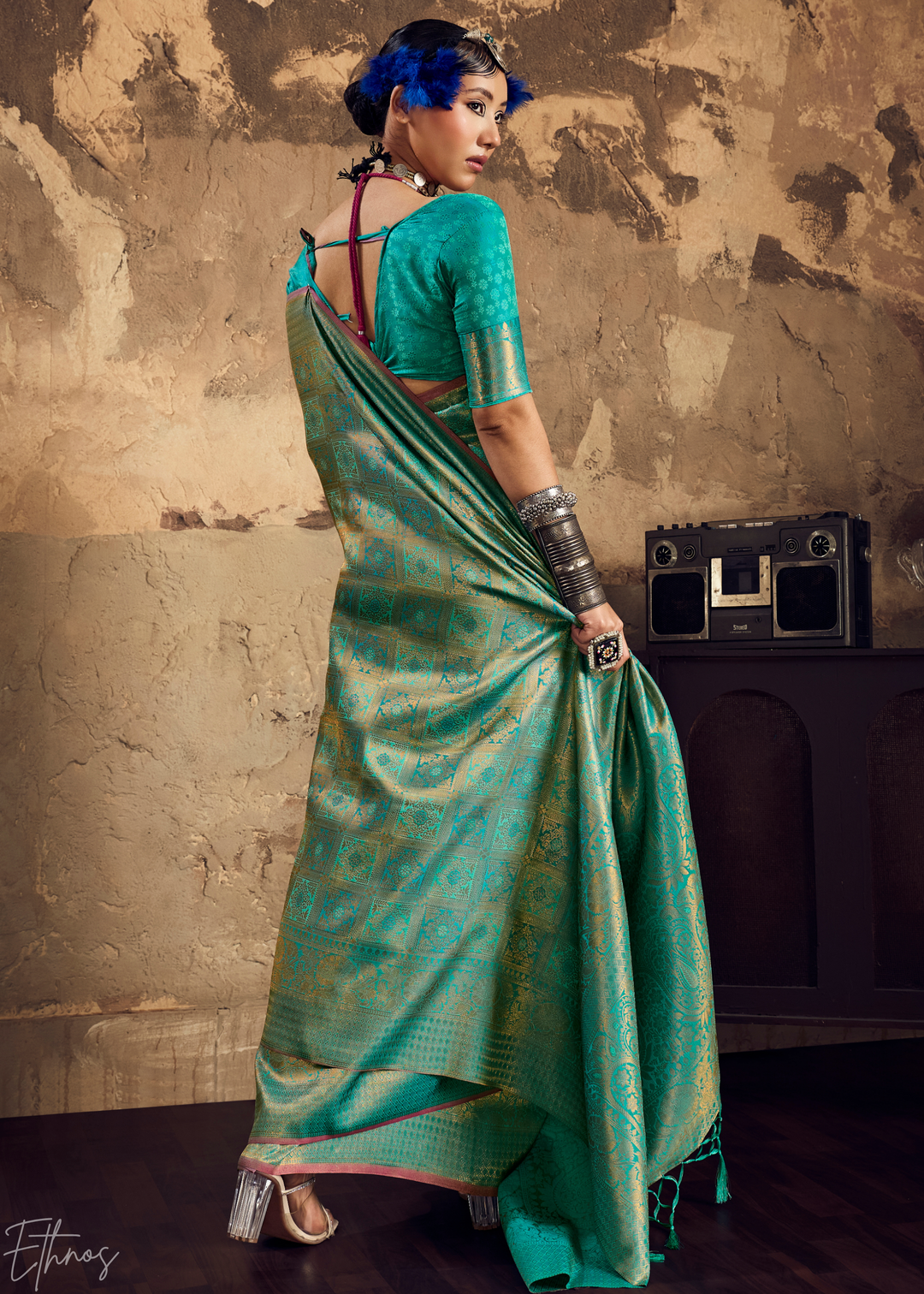Peacock Teal Traditional Brocade Silk Saree