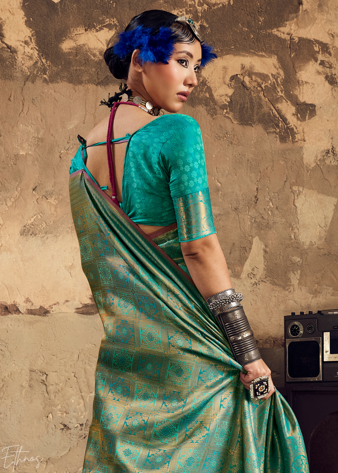 Peacock Teal Traditional Brocade Silk Saree