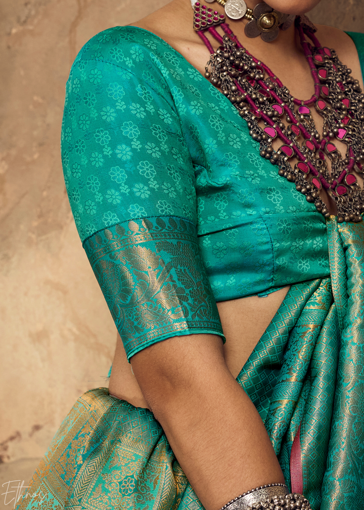 Peacock Teal Traditional Brocade Silk Saree