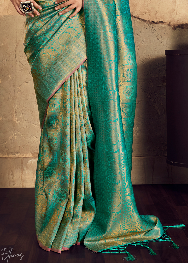 Peacock Teal Traditional Brocade Silk Saree