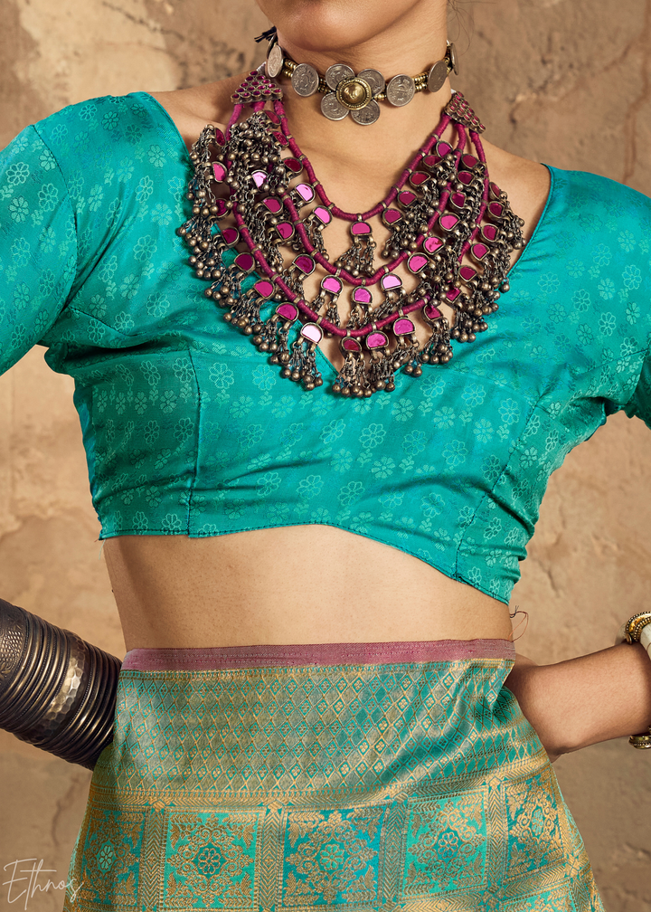 Peacock Teal Traditional Brocade Silk Saree